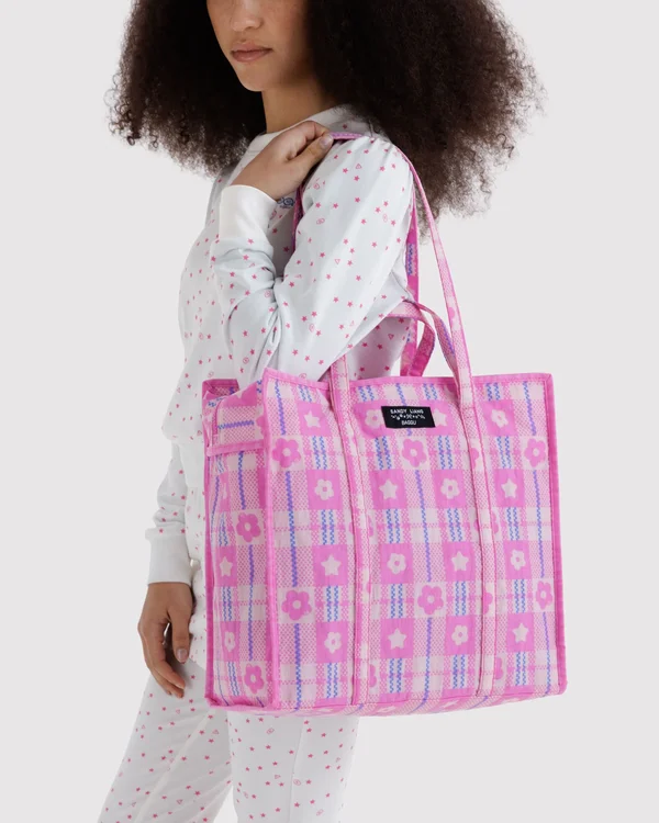 Large Nylon Market Bag - Market Plaid Pink - Material: heavyweight-nylon