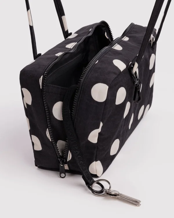 Nylon Bowler Bag - Black And Cream Polka Dot