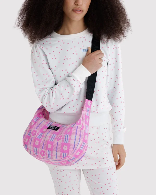 Medium Nylon Crescent Bag - Market Plaid Pink - Size: OS