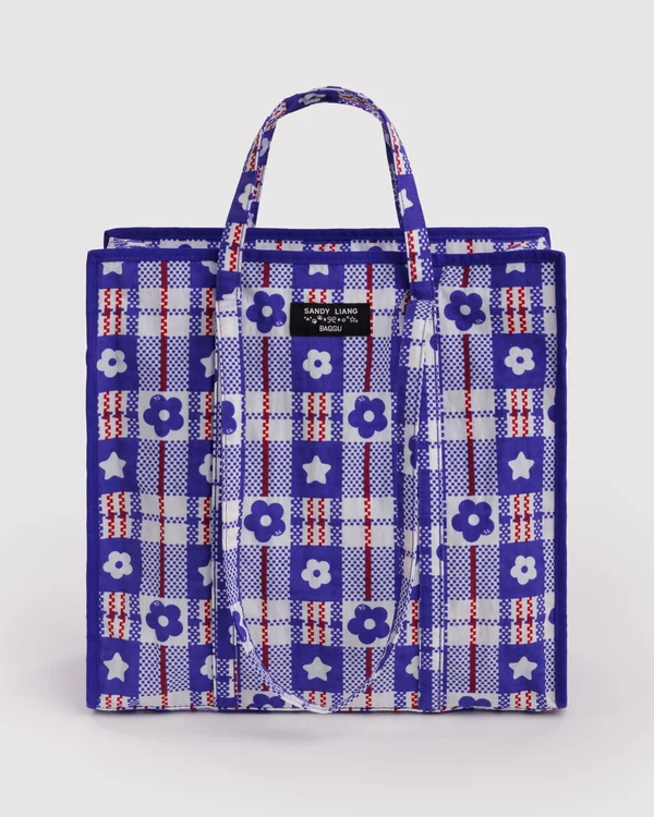 Large Nylon Market Bag - Market Plaid Blue - Material: heavyweight-nylon