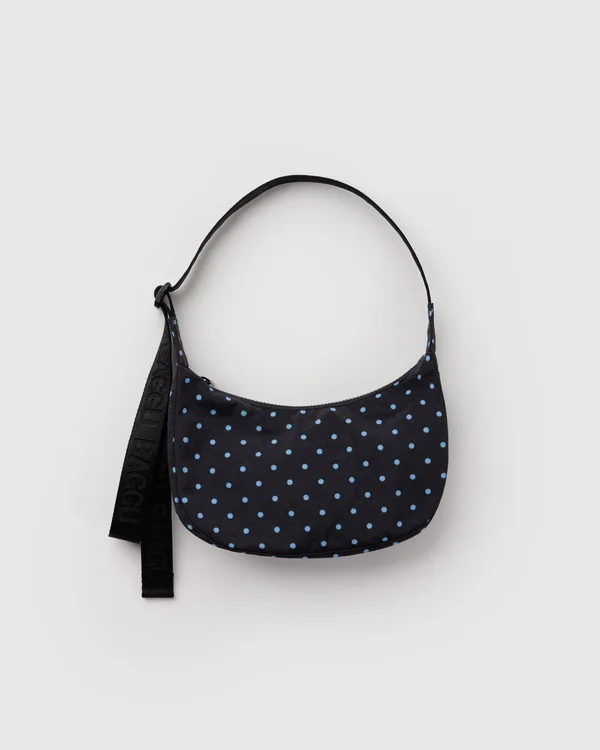 Small Nylon Crescent Bag - Black And Sky Blue Micro Dot